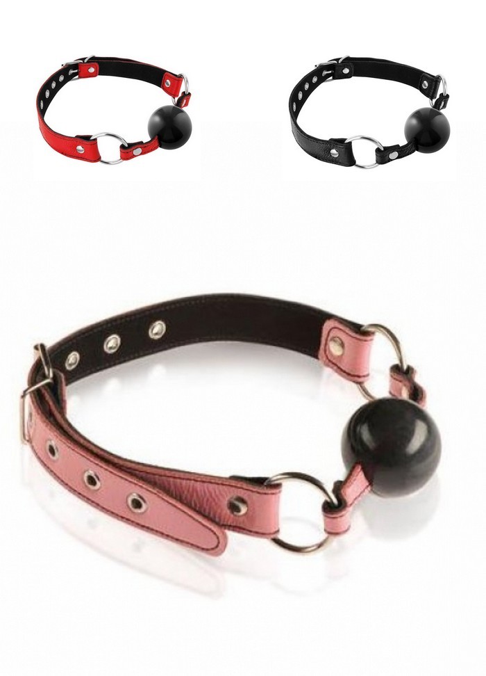 Baillon boule caoutchouc sangles cuir rose-rouge-noir