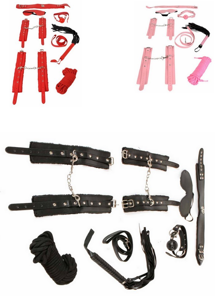 Kit bondage: Menottes-Baillon-Collier-Martinet-rose-rouge-noir