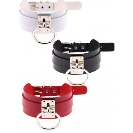 Collier ras de cou large en cuir avec anneau Acier noir_rouge-blanc