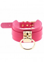 Collier soumise ras de cou large en cuir rose  fushiaavec anneau Or