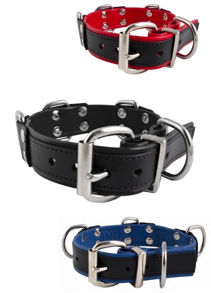 collier homme cuir bicolor 4 anneaux D métal noir-rouge-bleu-MisterB