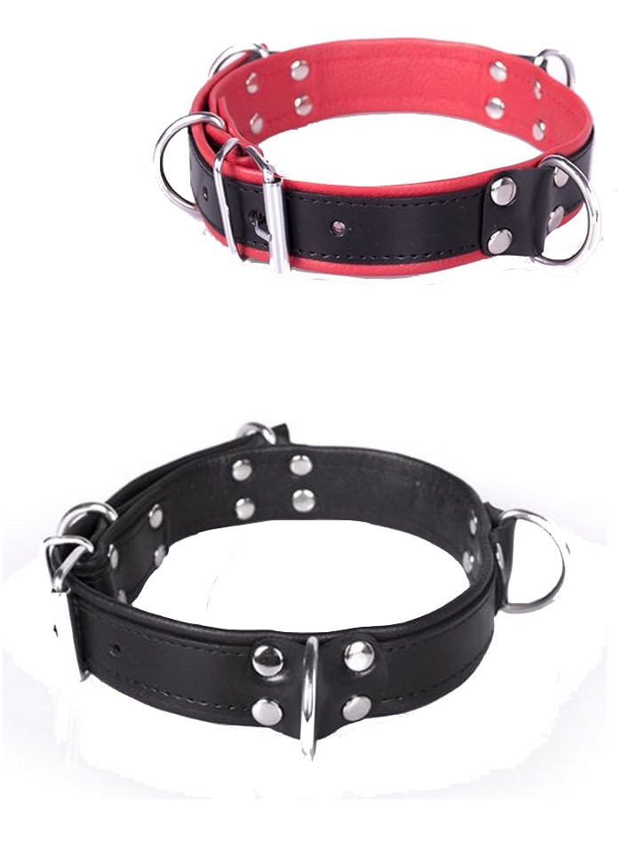 Org collier cuir bicolor noir/rouge 4 anneaux D métal -   cm