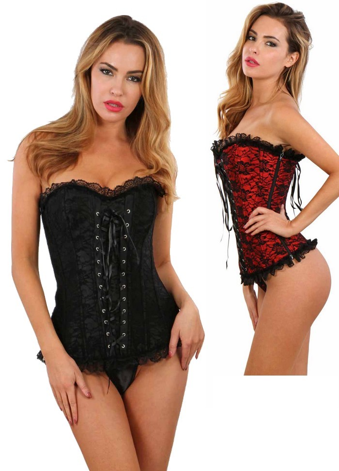 Corset sexy pas cher noir et rouge pour femme avec laçage dos.