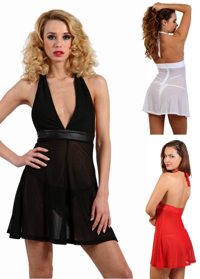 Robe courte et sexy en tulle transparent noir blanc ou rouge