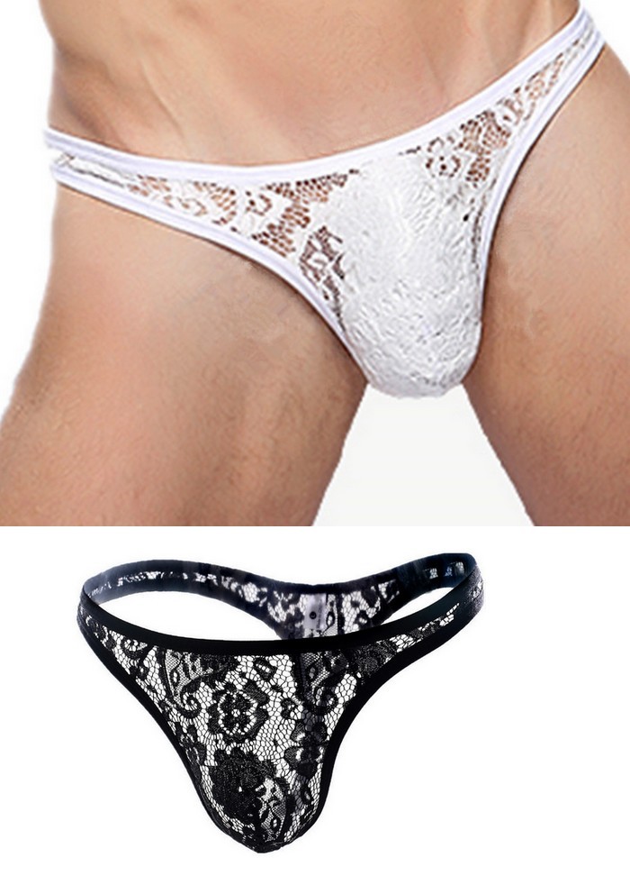 String homme travesti  dentelle transparente blanc