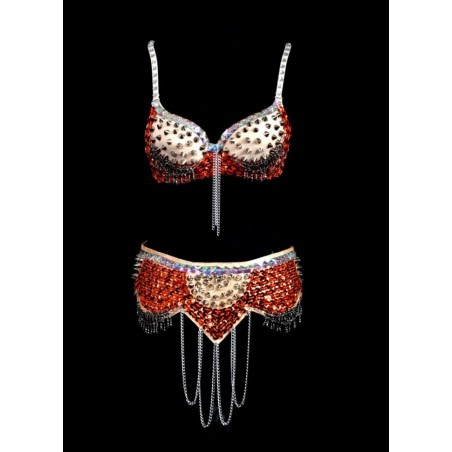 Oriental Soutien gorge & ceinture Pic & chaine métal orange