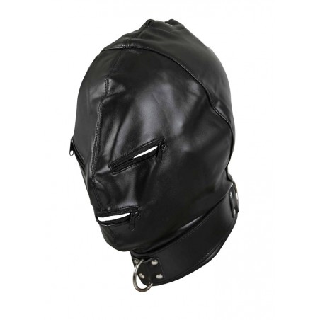 Cagoule aspect cuir noir avec fermeture zip sur les yeux et sur la bouche