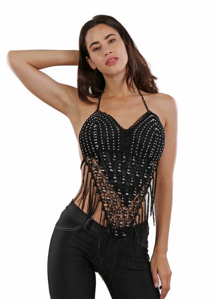 Top sexy en crochet noir avec perles argentés