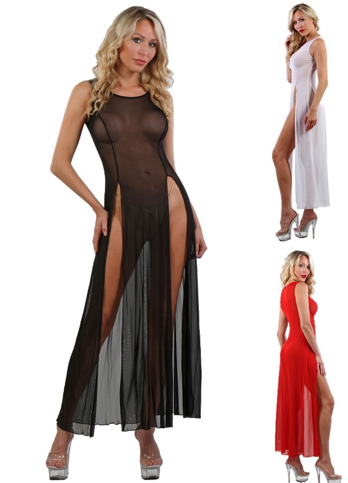 Robe longue sexy fendue sur les cuisses en tulle noir transparent