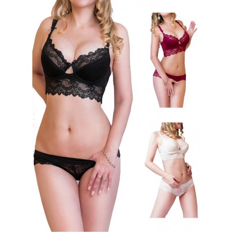 Ensemble soutien gorge balconnet + shorty dentelle  noir-rouge-blanc