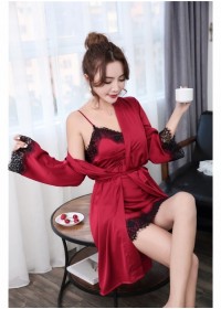 Ensemble lingerie de nuit chic sexy Anais Nuisette  soie rouge bordeaux dentelle noir pas cher