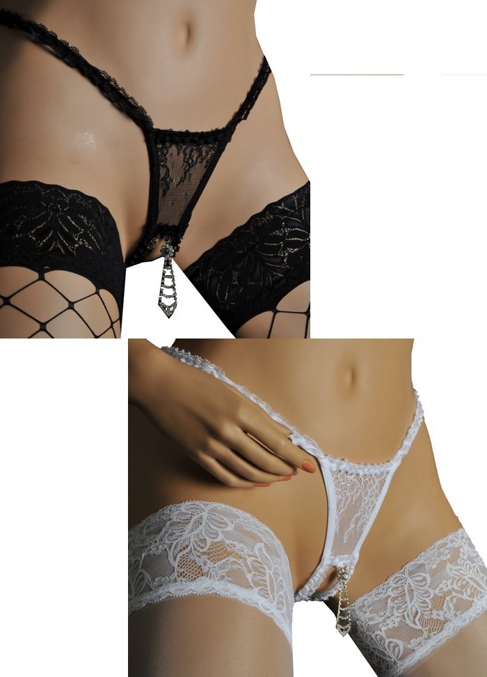 Mini string sexy en dentelle noire ou blanche avec bijou cravate en strass