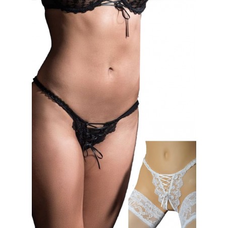 String ouvert noir en dentelle avec laçage lingerie sexy pour femme