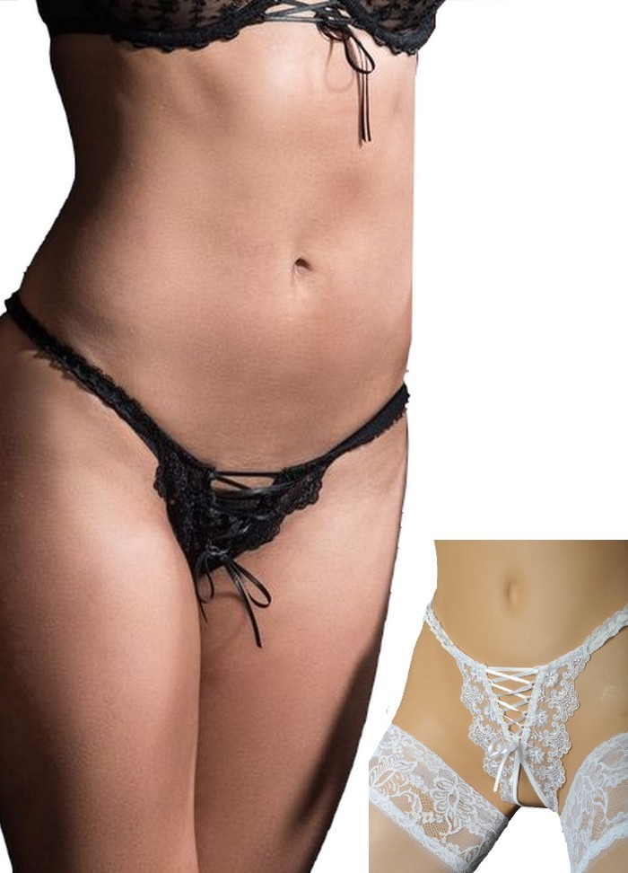 String ouvert noir en dentelle avec laçage lingerie sexy pour femme