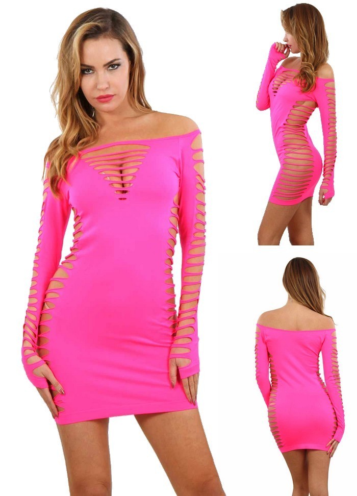 Robe sexy filet manches longues Too Good rose Spazm 6043