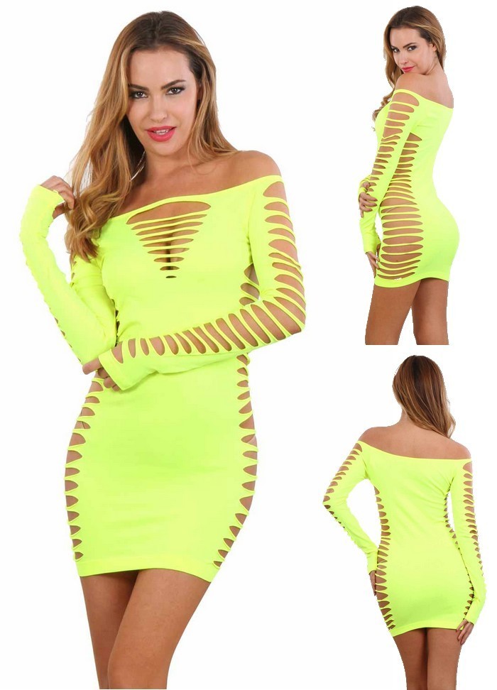 Robe sexy filet manches longues Too Good jaune fluo Spazm 6043