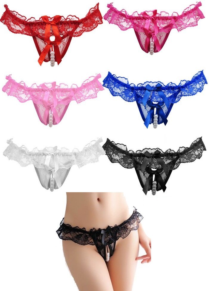 String ouvert entre jambes Sarah Dentelle et perles pas cher  bleu