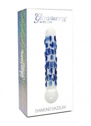 Gode en verre Diamond Dazzler transparent pois bleu boite