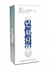 Gode en verre Diamond Dazzler transparent pois bleu boite