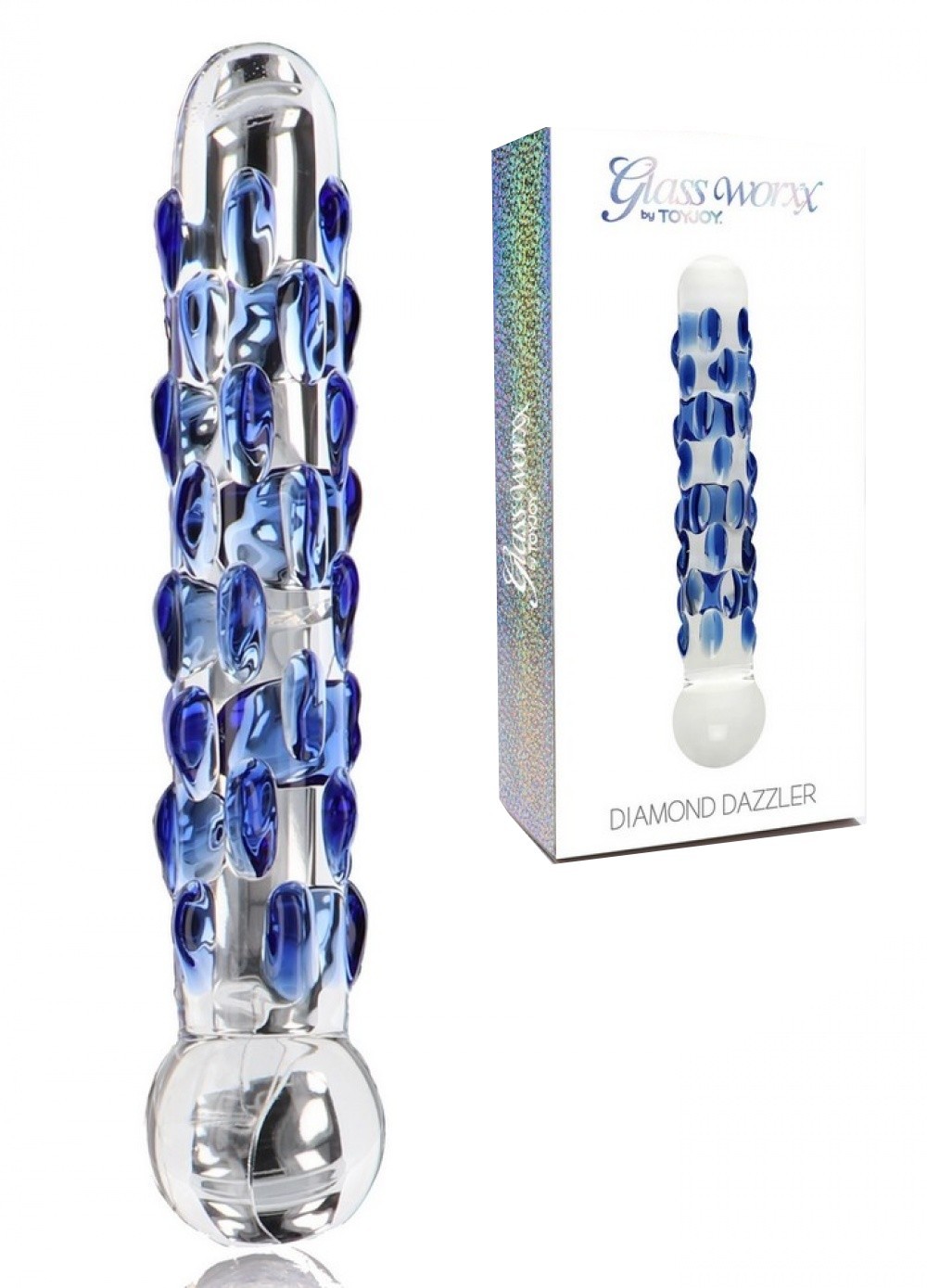 Gode en verre Diamond Dazzler transparent pois bleu