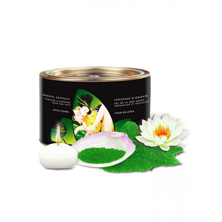 Sel de bain vegetalien de la mer morte couleur verte senteur Lotus