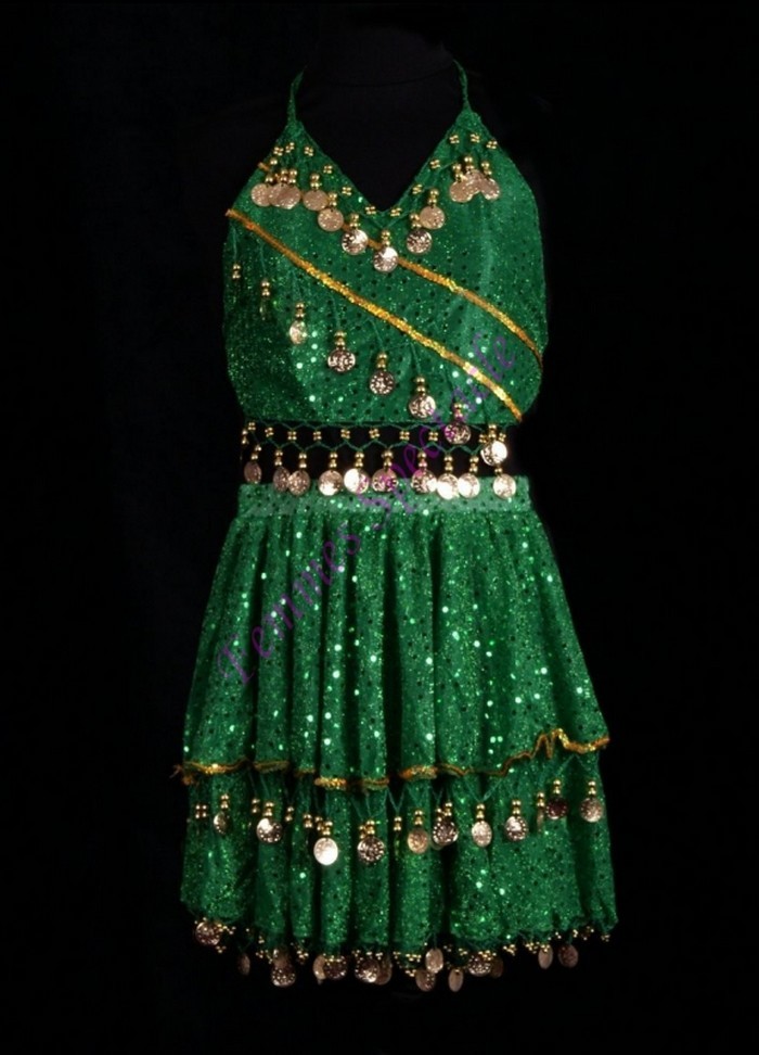 Oriental Ensemble Enfant Jupe courte + top sequins or - vert