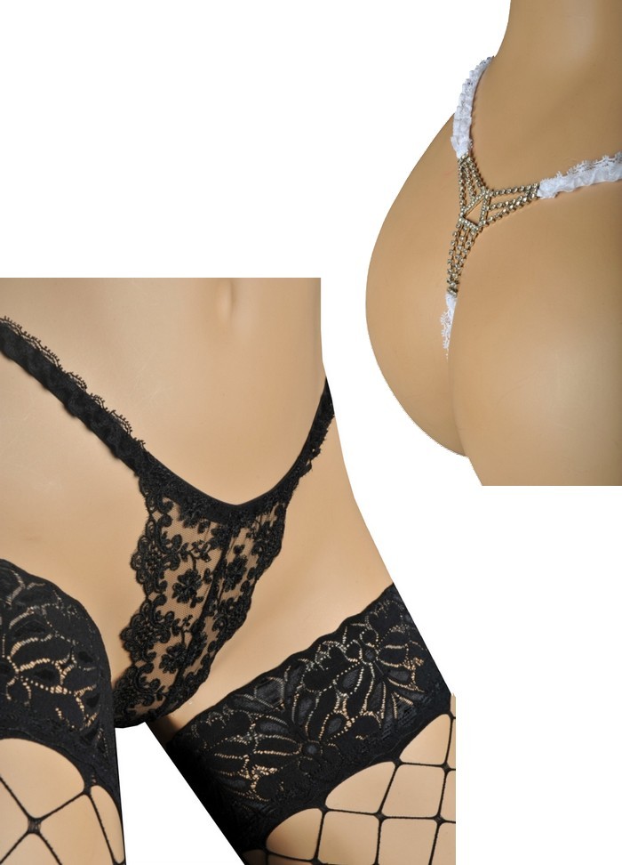 String sexy en dentelle brodée noire ou blanche avec bijou strass dans le dos