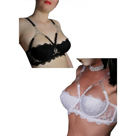 Lingerie sexy pour femme soutien gorge en dentelle brodée noire ou blanche avec bijou strass