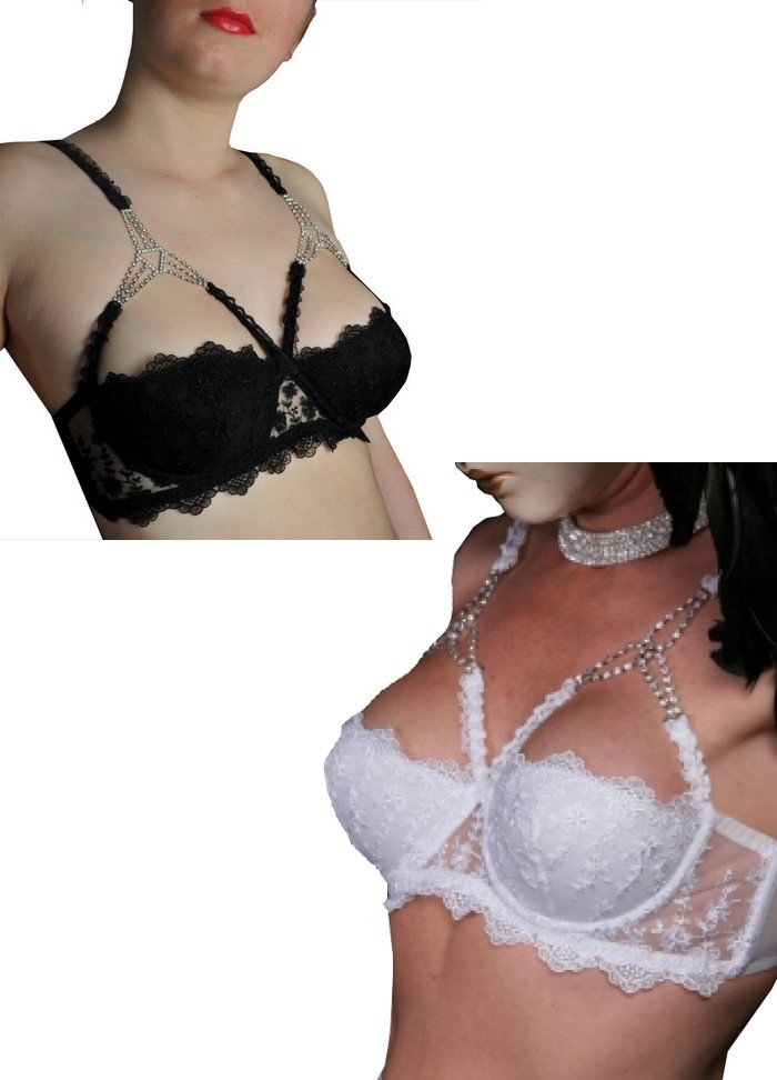 Lingerie sexy pour femme soutien gorge en dentelle brodée noire ou blanche avec bijou strass