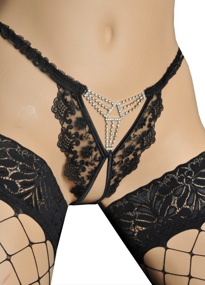 String sexy en dentelle noire avec bijou strass sophie libertine