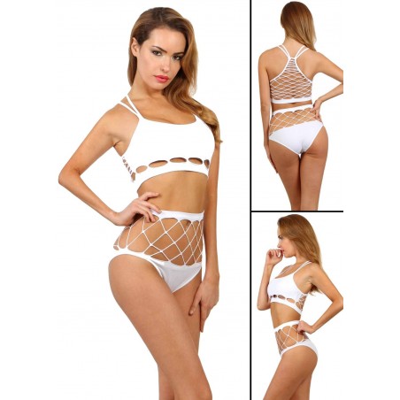tenue de pole dance sexy en resille et maille extensible blanche sophie libertine vannes