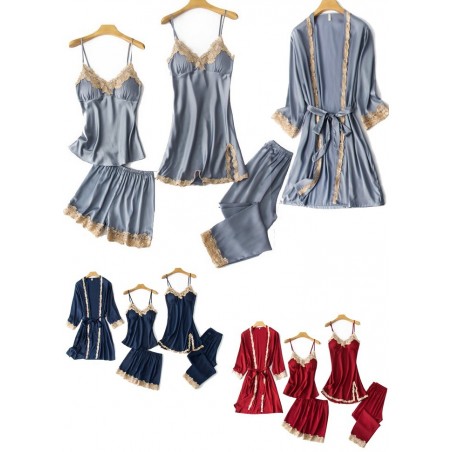 Ensemble Marjorie Pyjama Nuisette Caraco Short et Déshabillé gris_bleu marine-rouge bordeaux