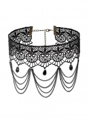 Collier esprit gothique en broderie noire et chainette