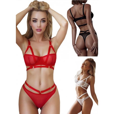 Ensemble tulle et lanière effet bondage noir rouge ou blanc