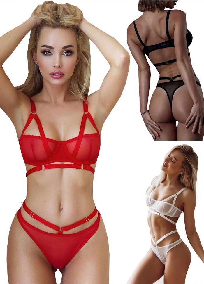 Ensemble tulle et lanière effet bondage noir rouge ou blanc