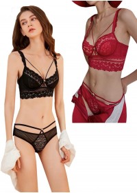 Ensemble de lingerie sexy pour femme en dentelle et tulle noir-rouge