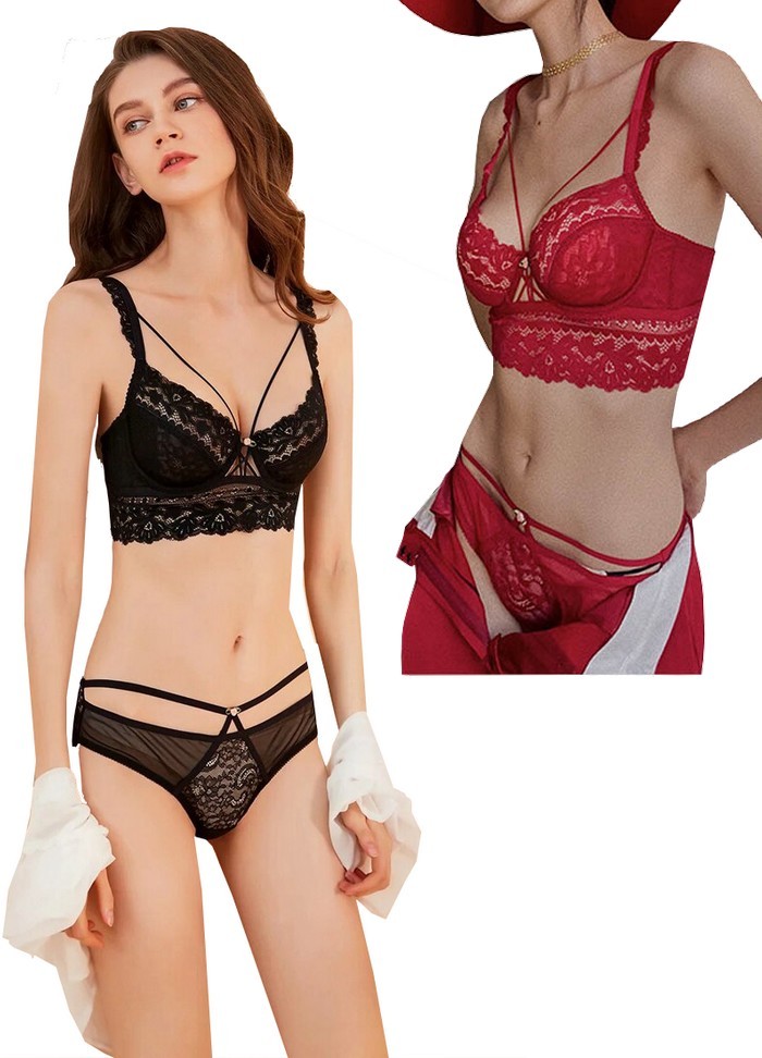 Ensemble de lingerie sexy pour femme en dentelle et tulle noir-rouge