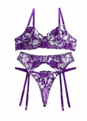 Ensemble lingerie sexy pour femme dentelle violet porte-jarretelles et string assorti