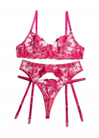 Ensemble lingerie sexy pour femme dentelle fuchsia porte-jarretelles et string assorti