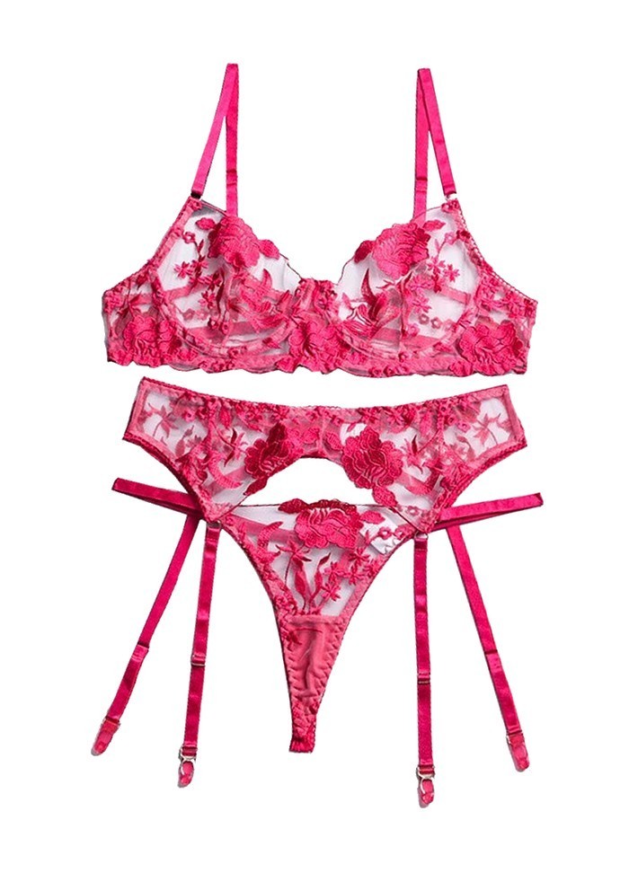 Ensemble lingerie sexy pour femme dentelle fuchsia porte-jarretelles et string assorti