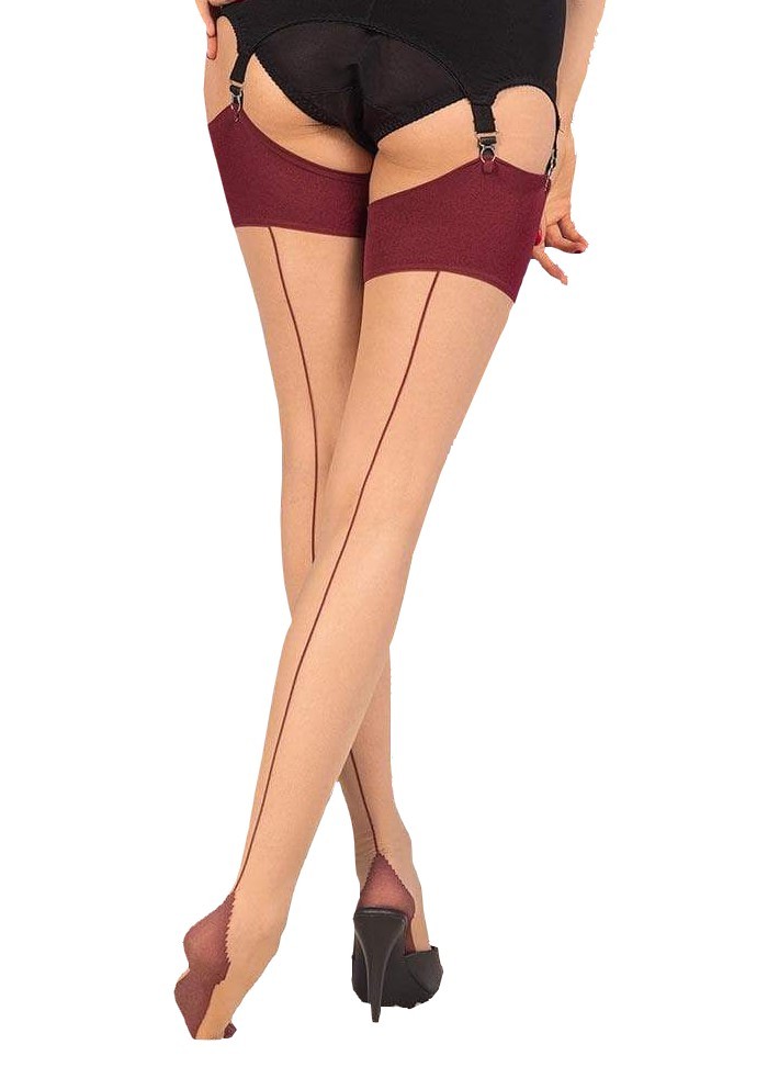 What katie did bas porte jarretelle femme nude avec ligne de couture rouge bordeaux