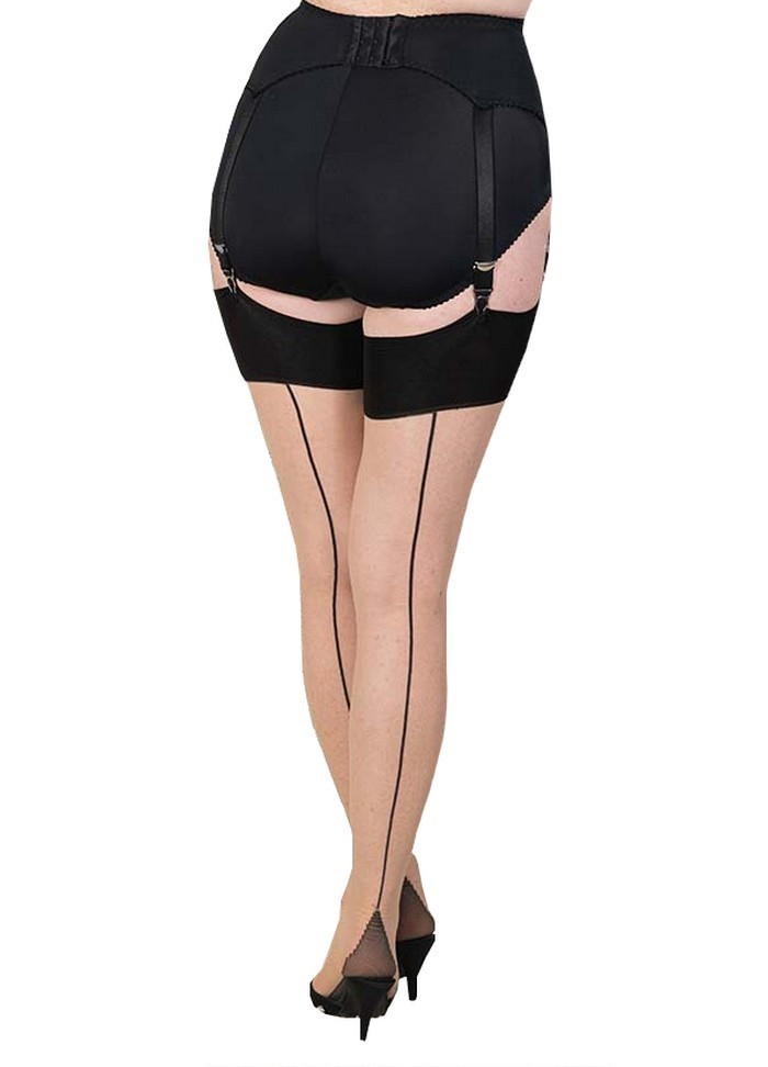 Bas porte jarretelle pour femme jambe nude avec ligne de couture noire.