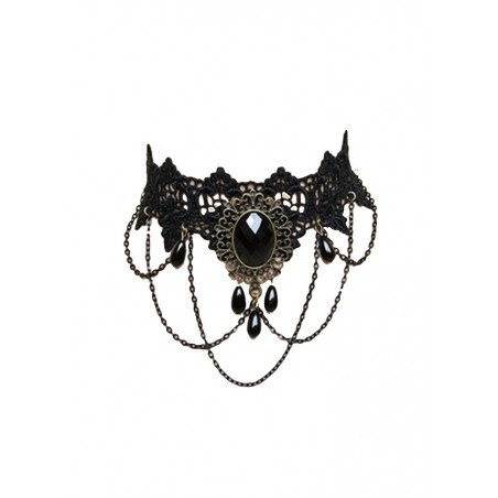 collier en dentelle noire avec dentelle brodée et chainettes