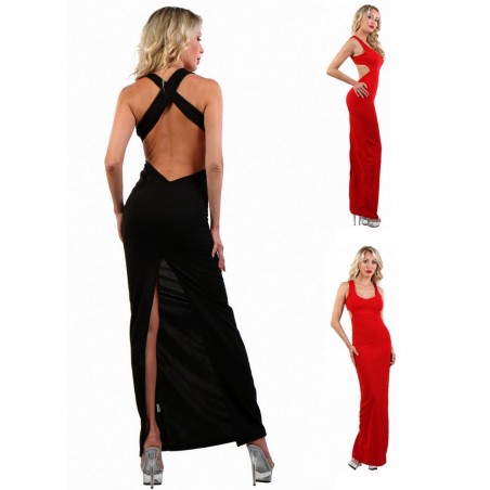 Spazm20106 Robe longue Dos nu Fendue Arcalina  noir-rouge