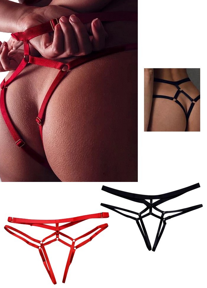 String sexy pour femme esprit bondage avec des lanières ajustables de couleur rouge en vente chez Sophie Libertine Vannes