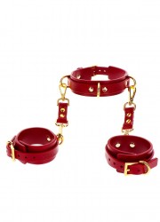 Collier & menottes D-Ring Collar and Wrist Cuffs Bordeaux & Or