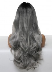 Perruque longs cheveux gris racine noir avec frange  dos