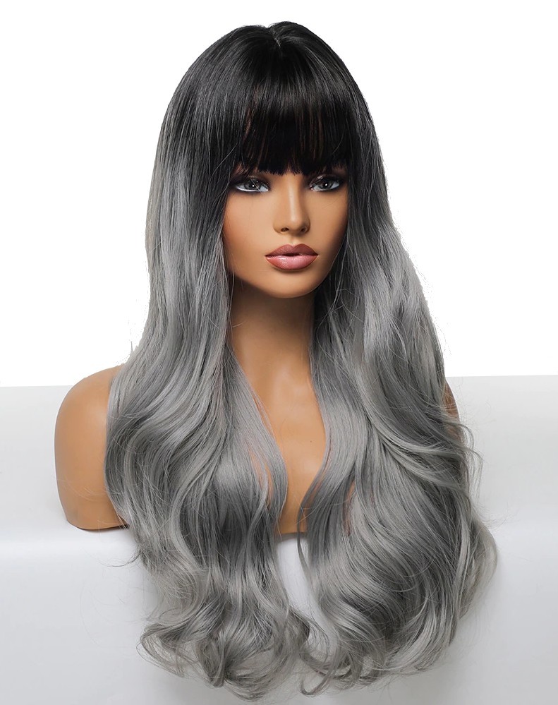 Perruque longs cheveux gris racine noir avec frange