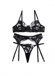 Ensemble sexy 3 pièces soutien gorge string et porte-jarretelle dentelle noir