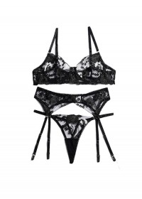 Ensemble sexy 3 pièces soutien gorge string et porte-jarretelle dentelle noir